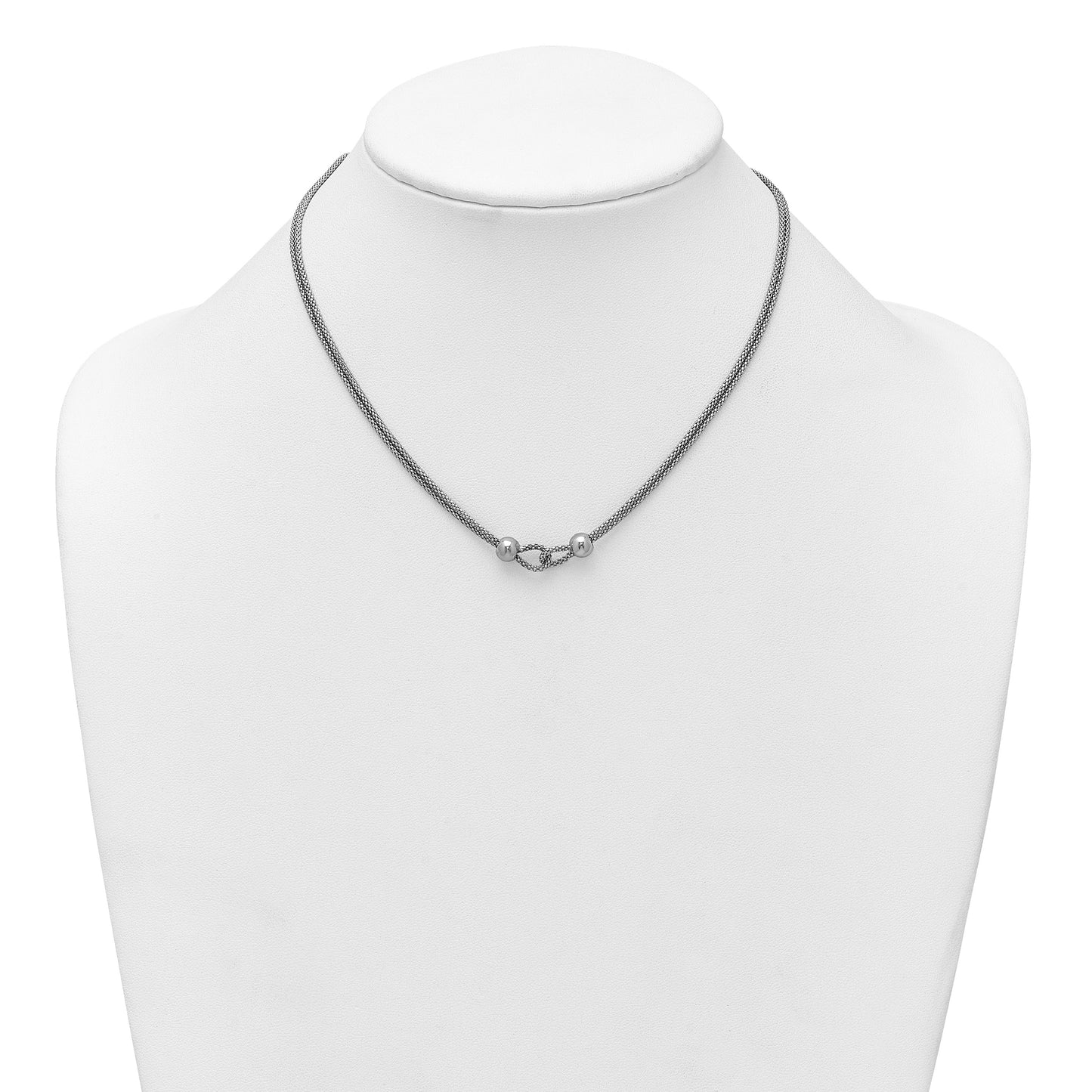 Sterling Silver Rhodium-plated Polished Beads Double Strand Mesh 16 inch with 2 inch Extender Necklace