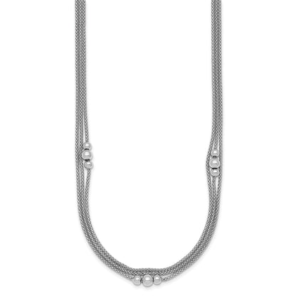 Sterling Silver Rhodium-plated Beaded Triple Strand Mesh 17 inch with 1 inch Extension Necklace
