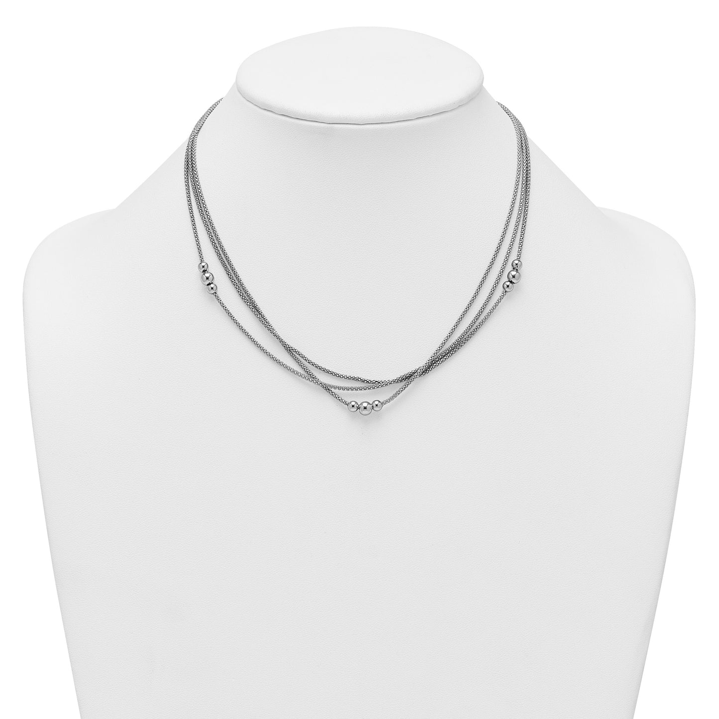 Sterling Silver Rhodium-plated Beaded Triple Strand Mesh 17 inch with 1 inch Extension Necklace