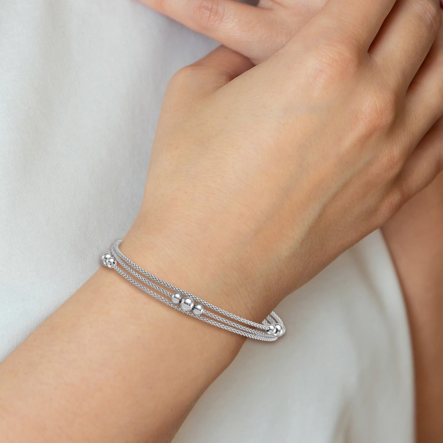 Sterling Silver Rhodium-plated Beaded Triple Strand Mesh 7 inch with 0.5 inch Extension Bracelet