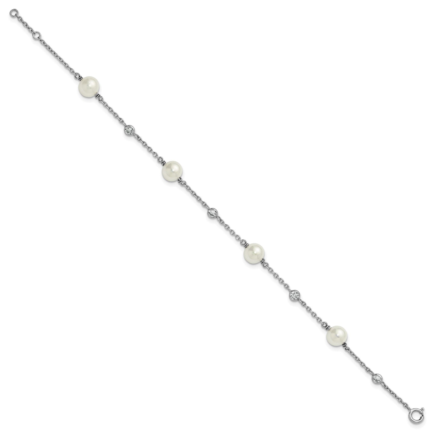 Sterling Silver Rhodium-plated Polished CZ and Shell Pearl 8-Station 7 inch with 0.5 inch Extender Bracelet