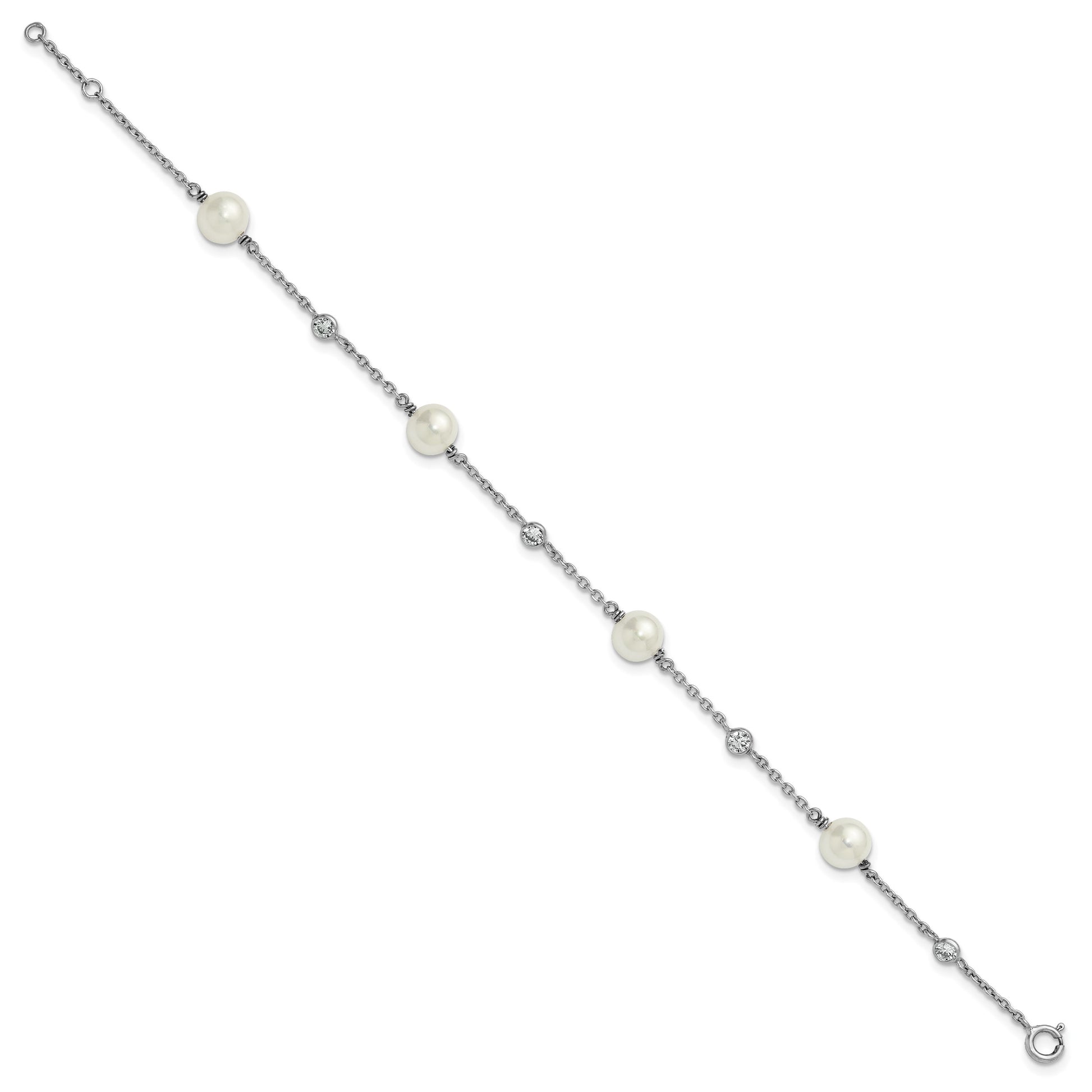 Sterling Silver Rhodium-plated Polished CZ and Shell Pearl 8-Station 7 inch with 0.5 inch Extender Bracelet