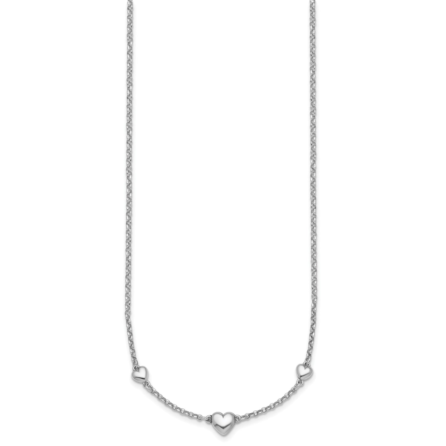 Sterling Silver Rhodium-plated Polished Three Puffed Hearts 16 inch with 2 inch Extender Necklace