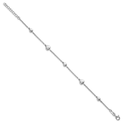 Sterling Silver Rhodium-plated Polished Five Puffed Hearts 7 inch with 1 inch Extender Bracelet