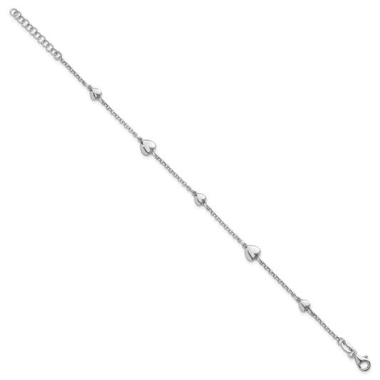 Sterling Silver Rhodium-plated Polished Five Puffed Hearts 7 inch with 1 inch Extender Bracelet