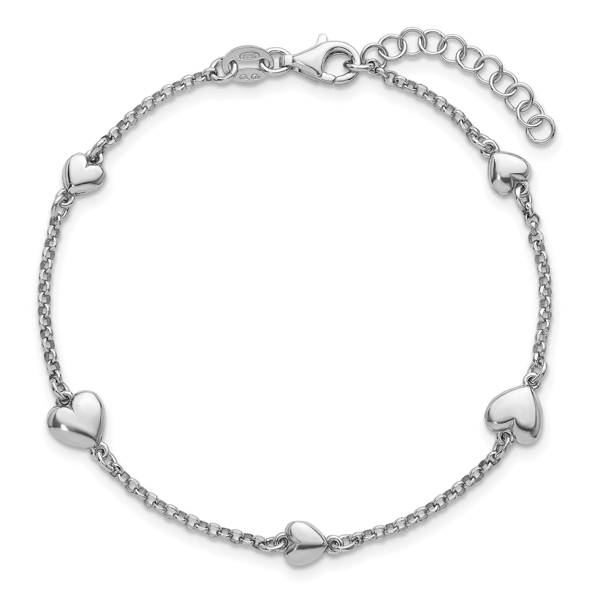 Sterling Silver Rhodium-plated Polished Five Puffed Hearts 7 inch with 1 inch Extender Bracelet