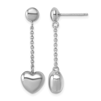 Sterling Silver Rhodium-plated Polished Puffed Heart Post Dangle Earrings