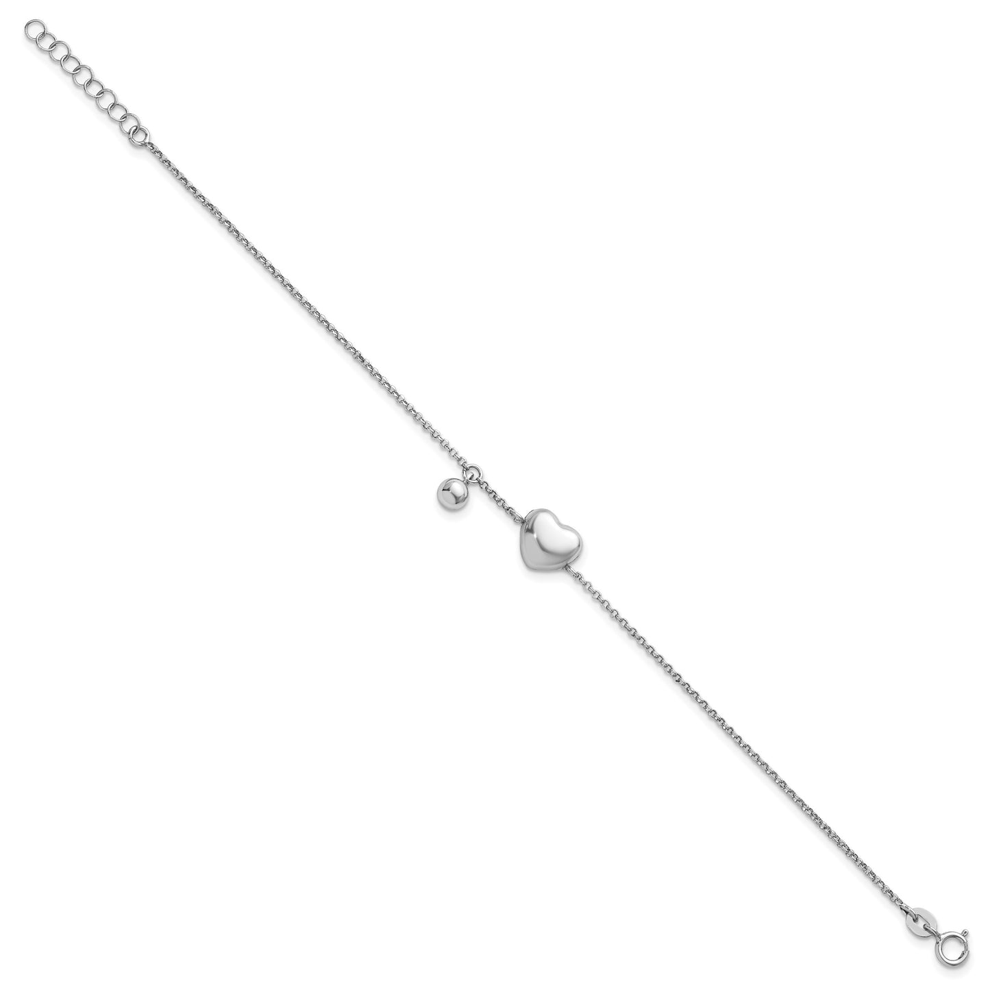 Sterling Silver Rhodium-plated Polished Puffed Heart and Ball 7 inch with 1 inch Extender Bracelet