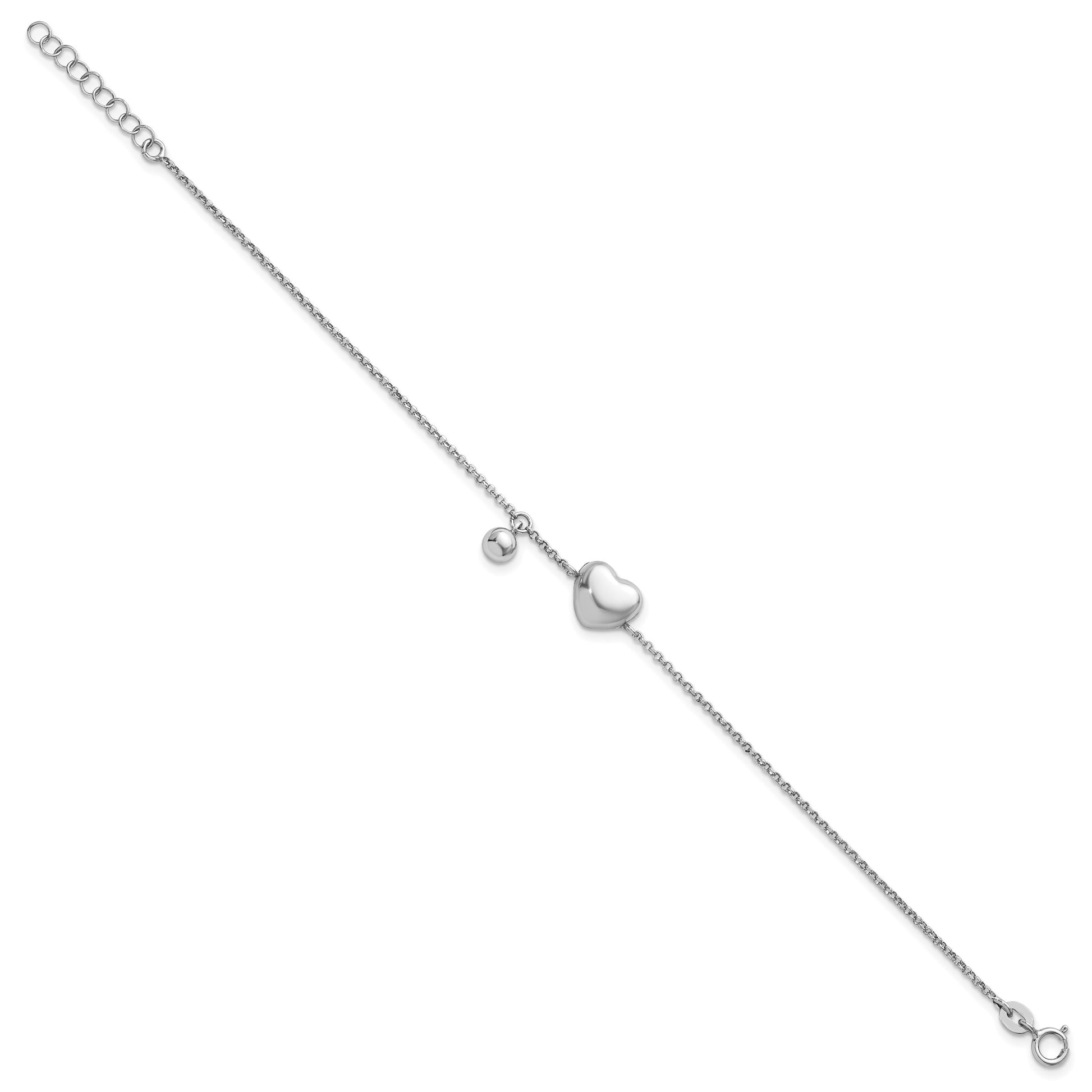 Sterling Silver Rhodium-plated Polished Puffed Heart and Ball 7 inch with 1 inch Extender Bracelet