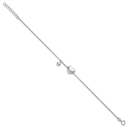 Sterling Silver Rhodium-plated Polished Puffed Heart and Ball 7 inch with 1 inch Extender Bracelet