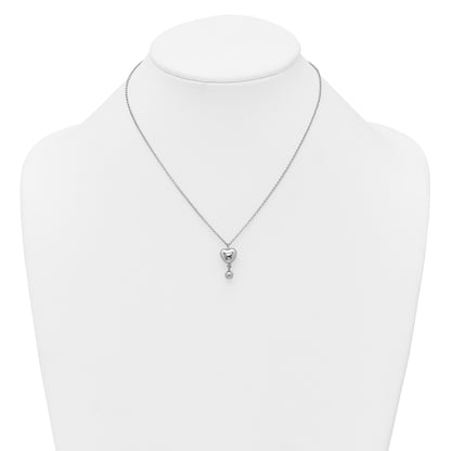 Sterling Silver Rhodium-plated Polished Puffed Heart and Ball Dangle 16 inch with 1 inch Extender Necklace