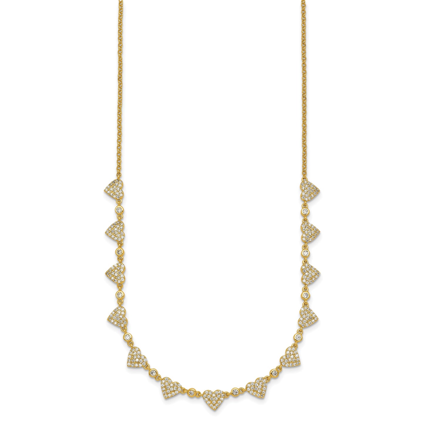Sterling Silver Gold-tone Polished Pave CZ Hearts 16 Inch with 2 Inch Extension Necklace