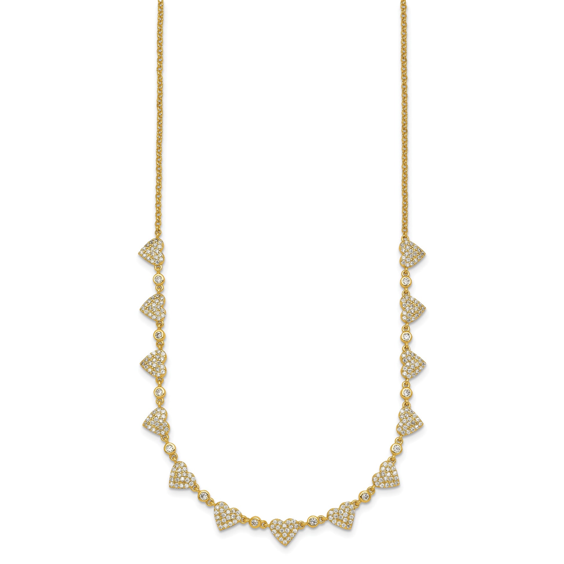 Sterling Silver Gold-tone Polished Pave CZ Hearts 16 Inch with 2 Inch Extension Necklace