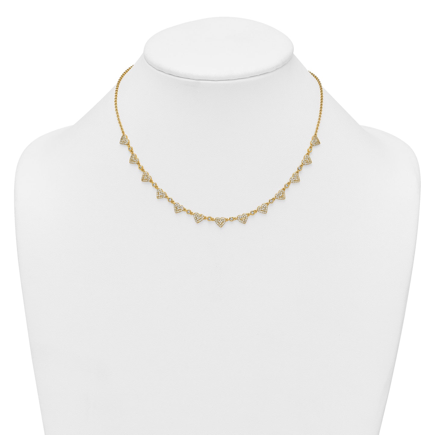 Sterling Silver Gold-tone Polished Pave CZ Hearts 16 Inch with 2 Inch Extension Necklace
