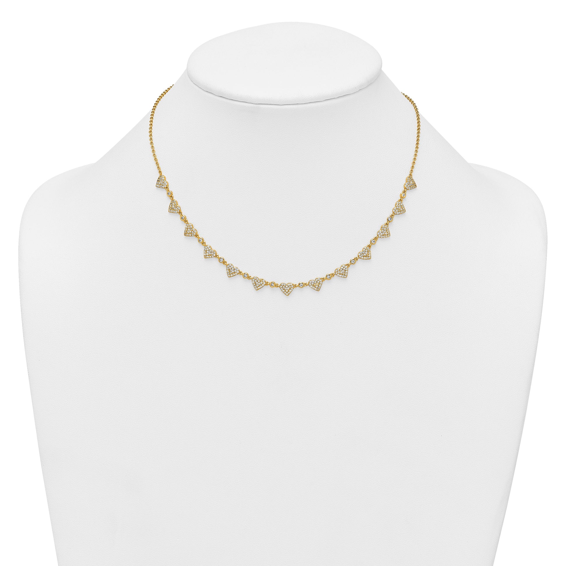 Sterling Silver Gold-tone Polished Pave CZ Hearts 16 Inch with 2 Inch Extension Necklace