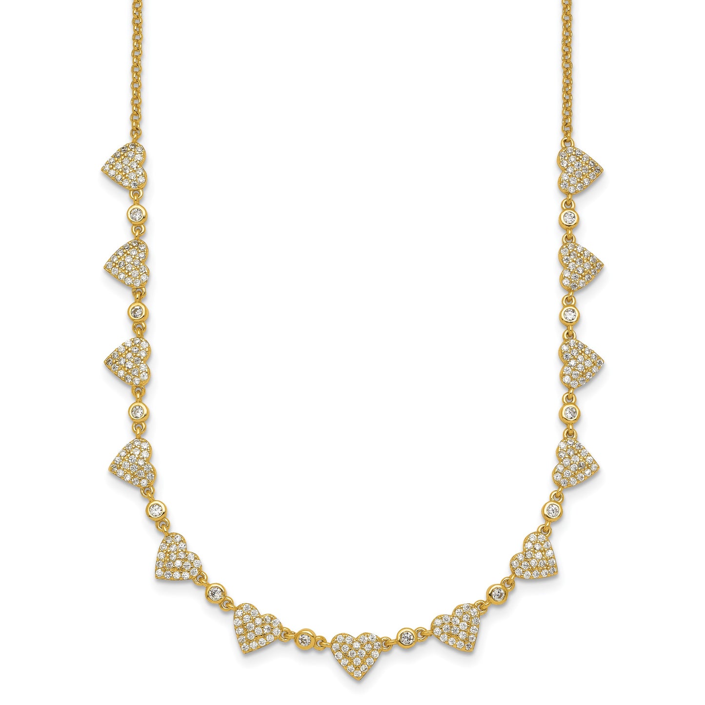 Sterling Silver Gold-tone Polished Pave CZ Hearts 16 Inch with 2 Inch Extension Necklace