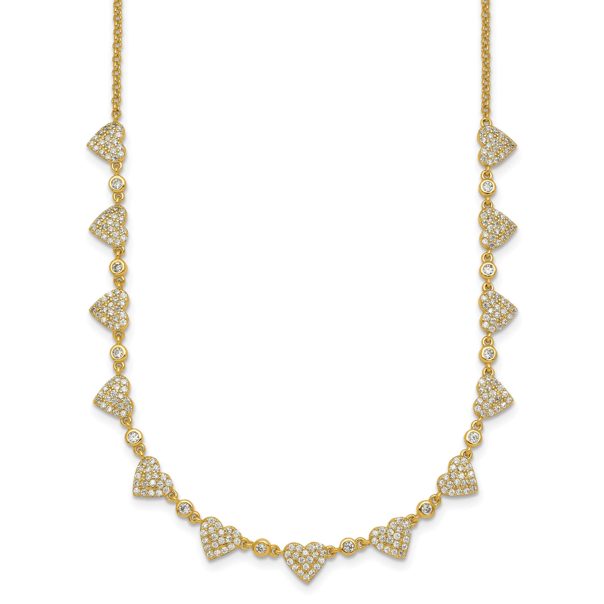 Sterling Silver Gold-tone Polished Pave CZ Hearts 16 Inch with 2 Inch Extension Necklace