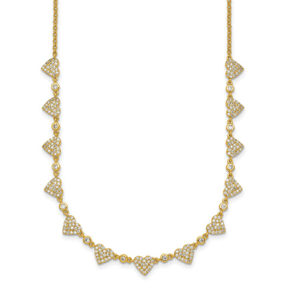 Sterling Silver Gold-tone Polished Pave CZ Hearts 16 Inch with 2 Inch Extension Necklace