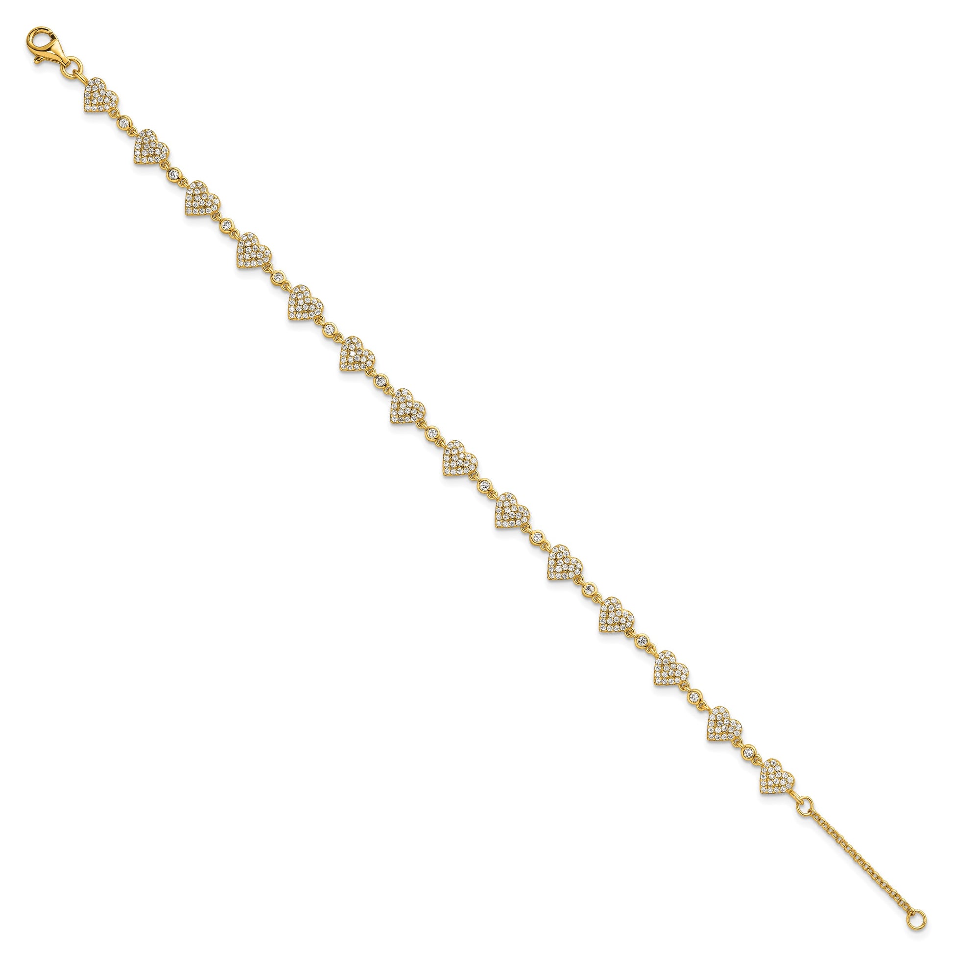 Sterling Silver Gold-tone Polished Pave CZ Hearts 7 Inch with 1 Inch Extension Bracelet