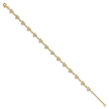 Sterling Silver Gold-tone Polished Pave CZ Hearts 7 Inch with 1 Inch Extension Bracelet