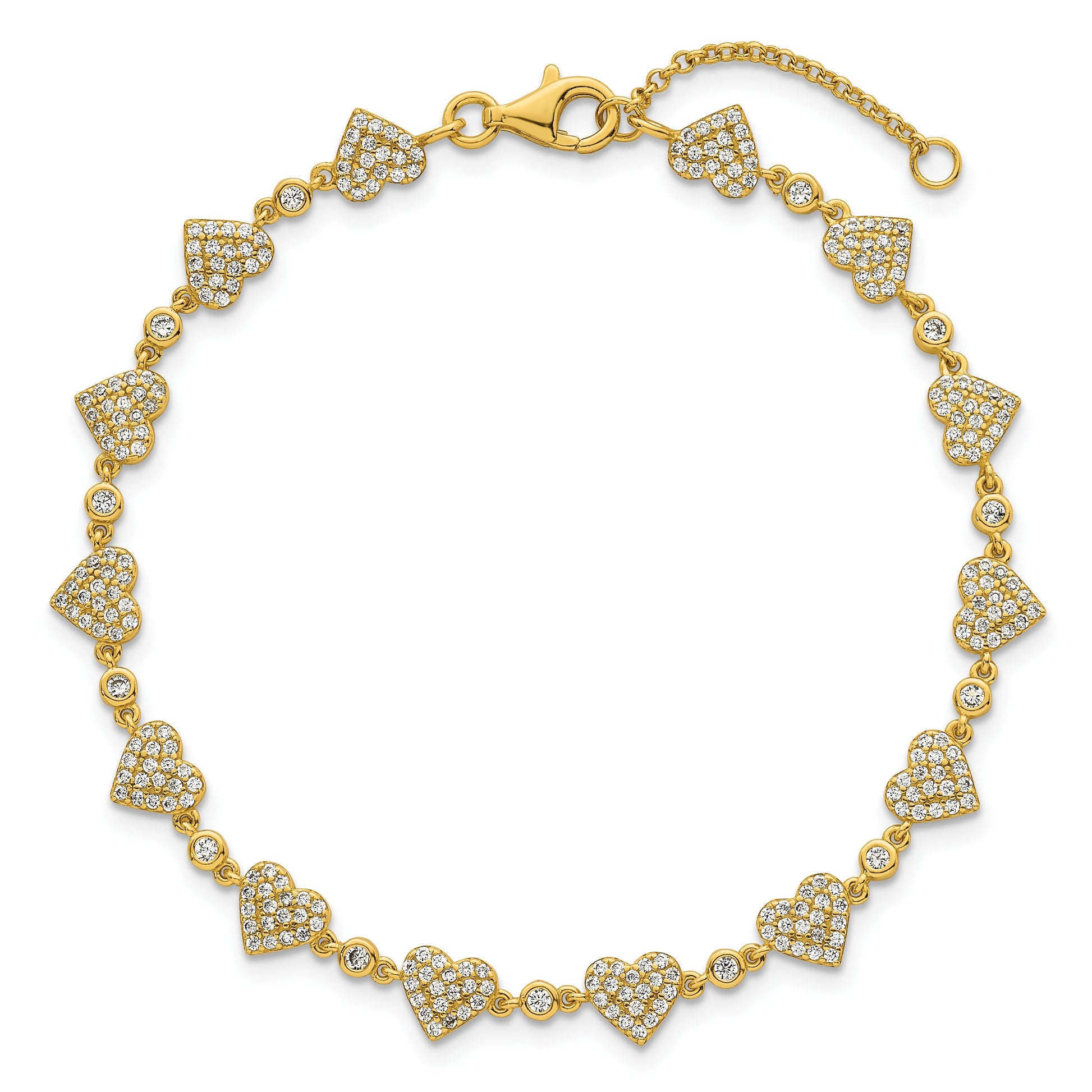 Sterling Silver Gold-tone Polished Pave CZ Hearts 7 Inch with 1 Inch Extension Bracelet