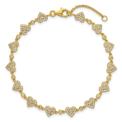 Sterling Silver Gold-tone Polished Pave CZ Hearts 7 Inch with 1 Inch Extension Bracelet