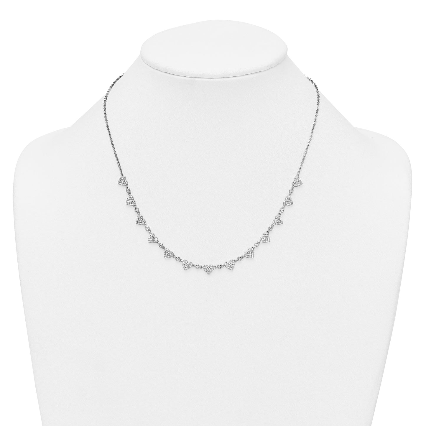Sterling Silver Rhodium-plated Polished Pave CZ Hearts 16 Inch with 2 Inch Extension Necklace