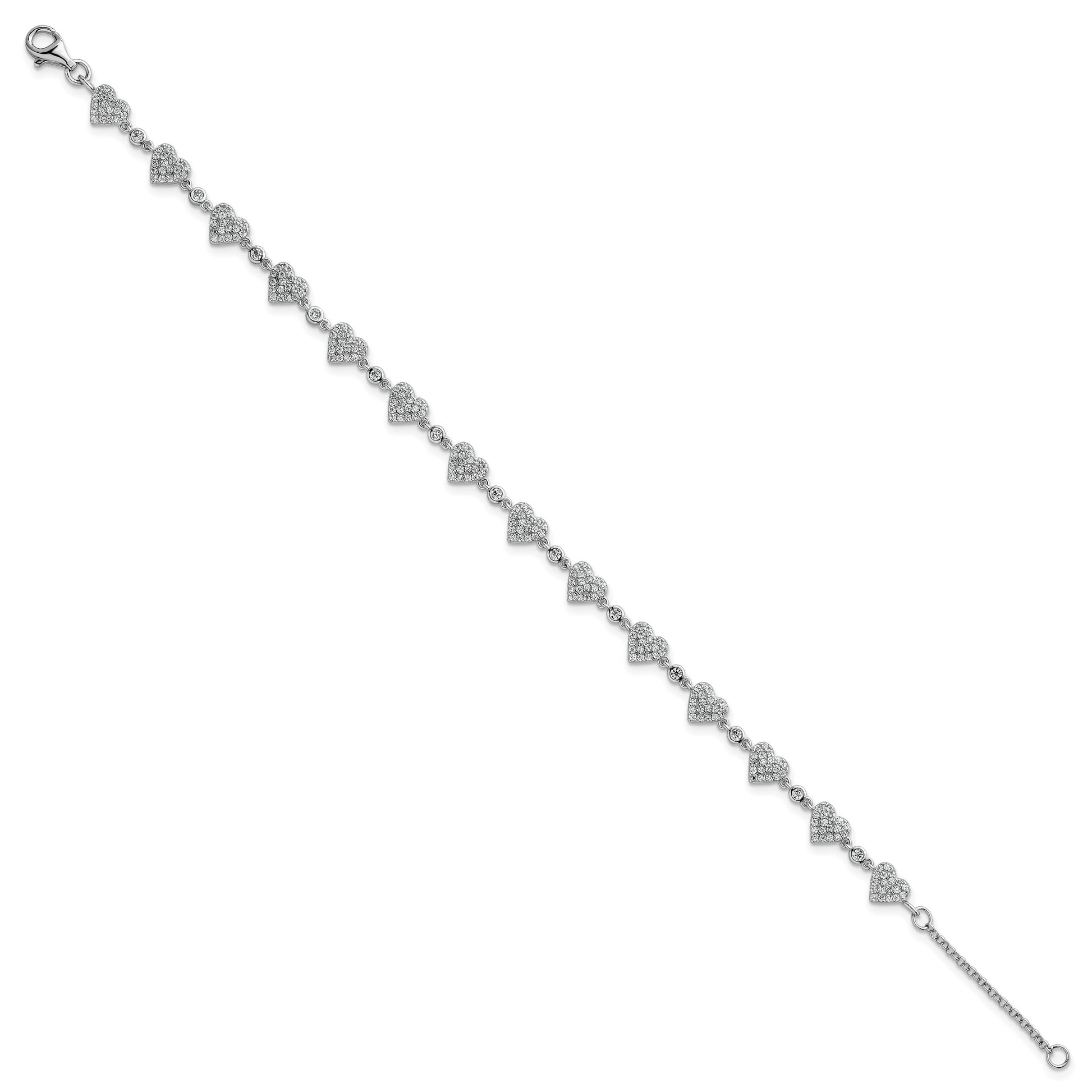 Sterling Silver Rhodium-plated Polished Pave CZ Hearts 7 Inch with 1 Inch Extension Bracelet