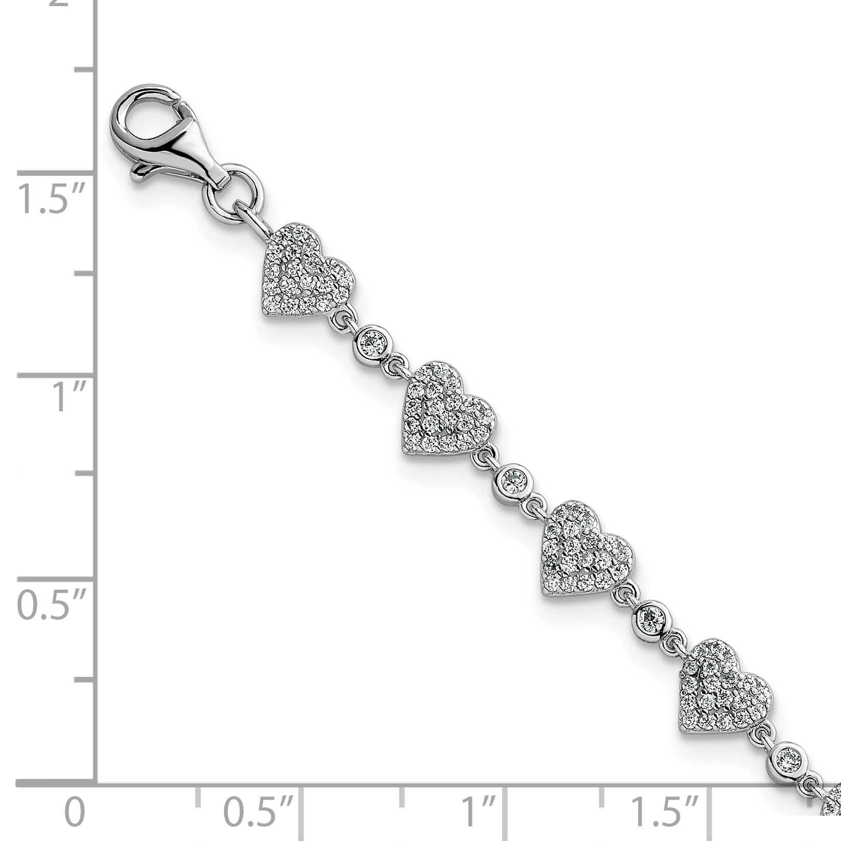 Sterling Silver Rhodium-plated Polished Pave CZ Hearts 7 Inch with 1 Inch Extension Bracelet