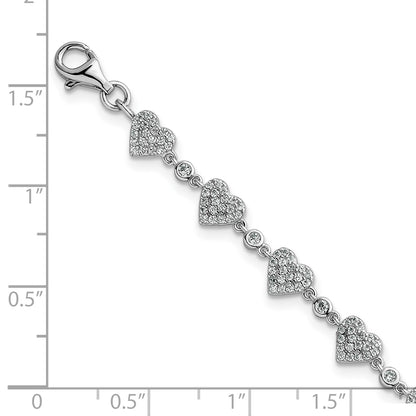 Sterling Silver Rhodium-plated Polished Pave CZ Hearts 7 Inch with 1 Inch Extension Bracelet