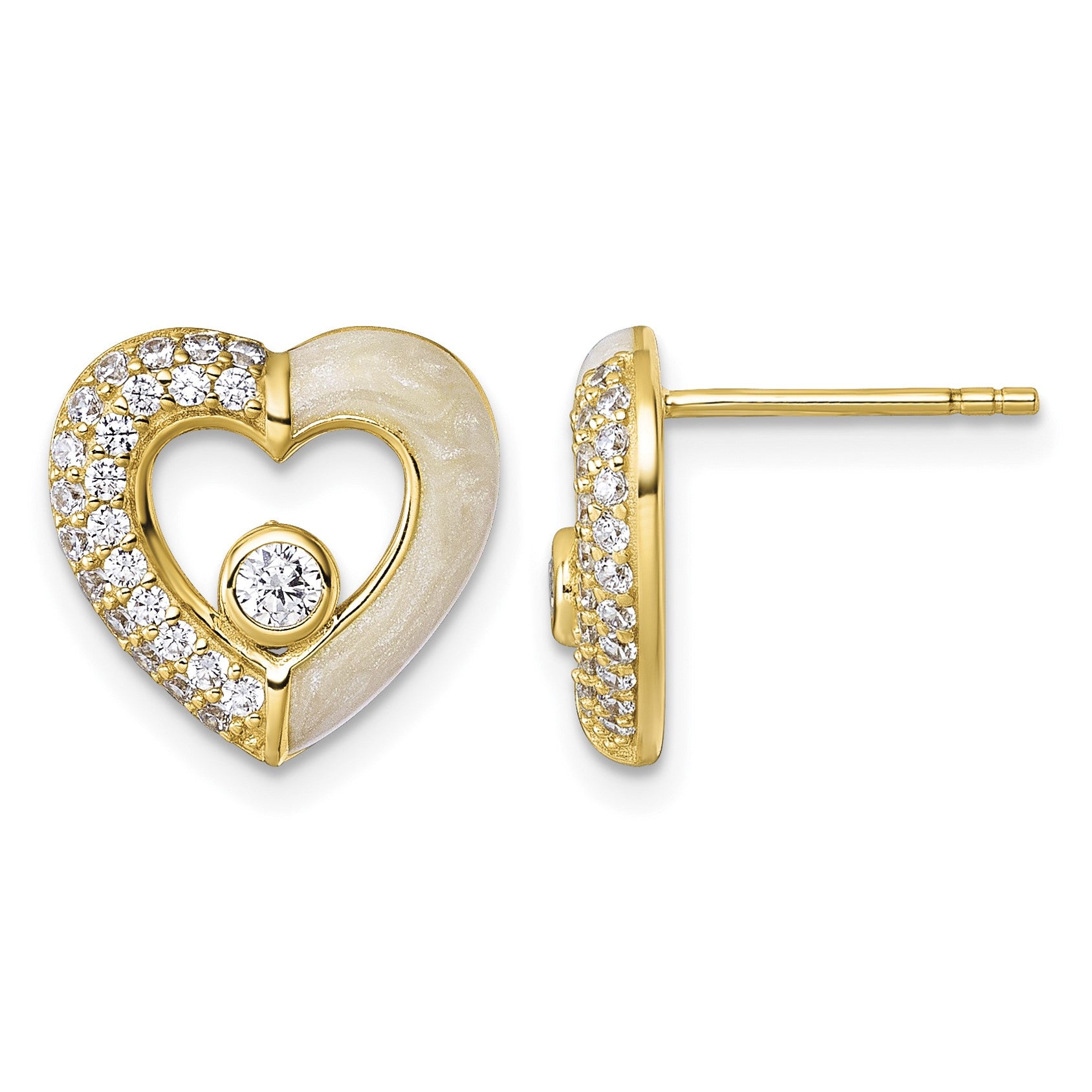 Sterling Silver Gold-tone Polished CZ and Champagne Enamel Open Heart Post Earrings