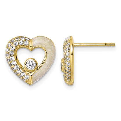 Sterling Silver Gold-tone Polished CZ and Champagne Enamel Open Heart Post Earrings