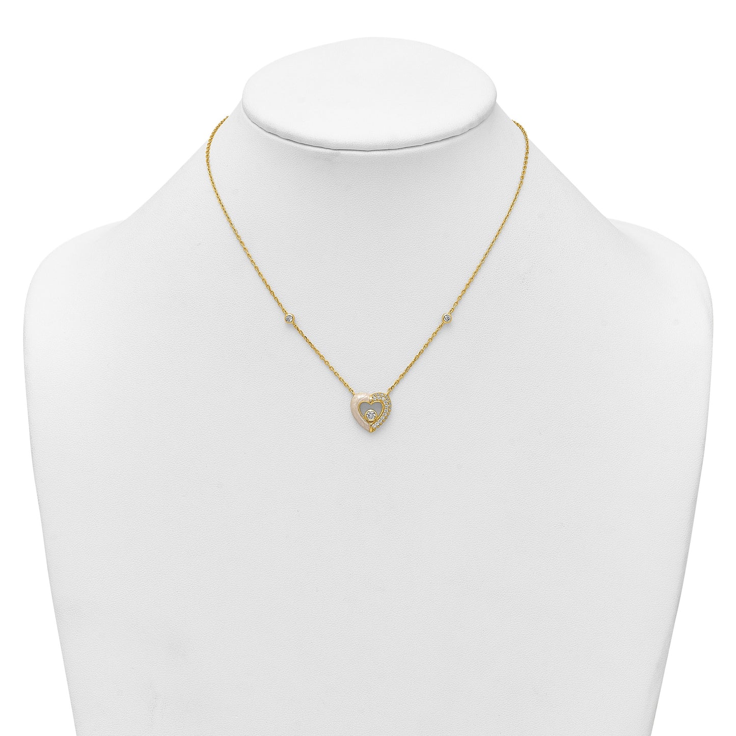 Sterling Silver Gold-tone Polished CZ and Champagne Enamel Open Heart 16 inch with 2 inch Extension Necklace