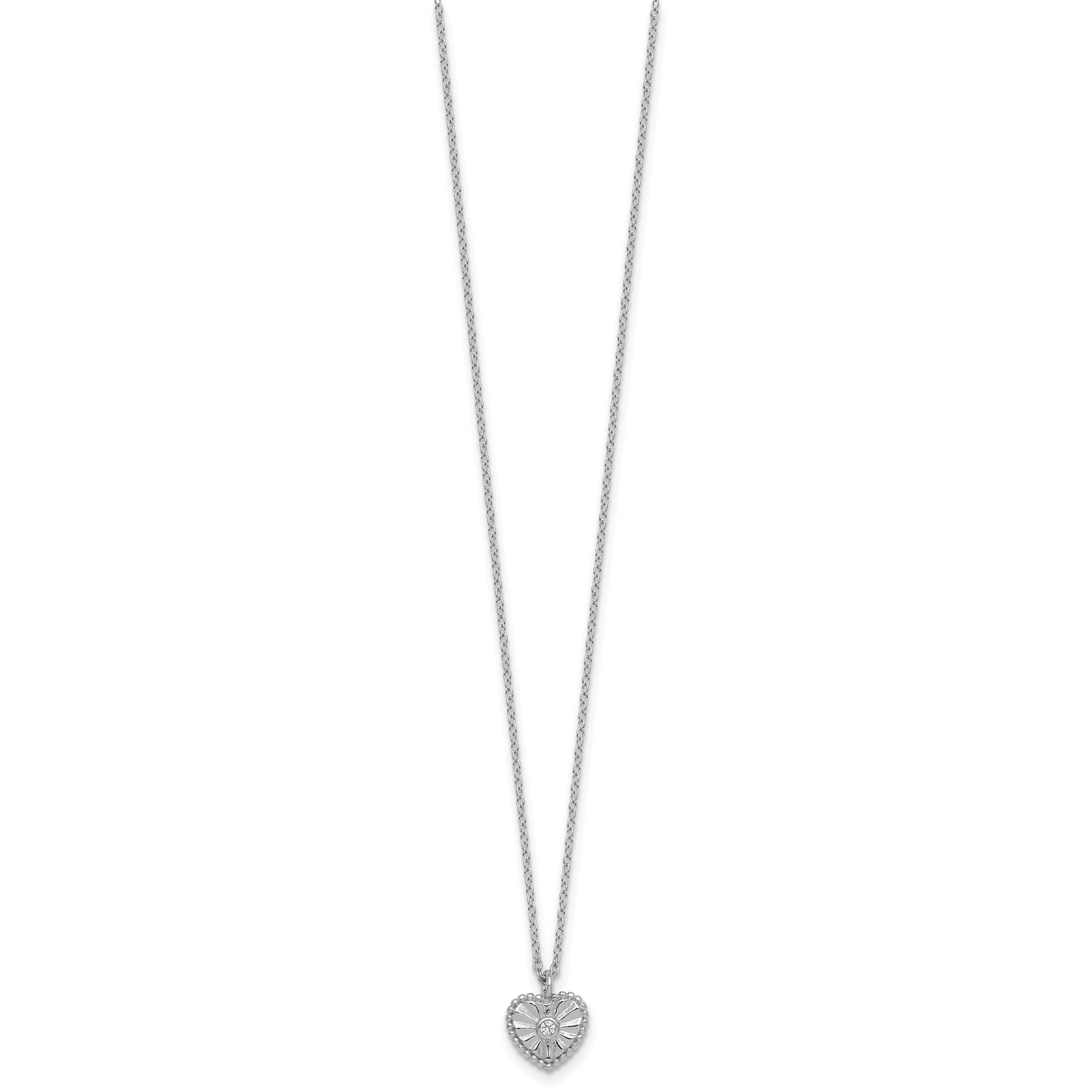 Sterling Silver Rhodium-plated Polished Beaded and Textured CZ Heart 16 Inch with 2 Inch Extension Necklace