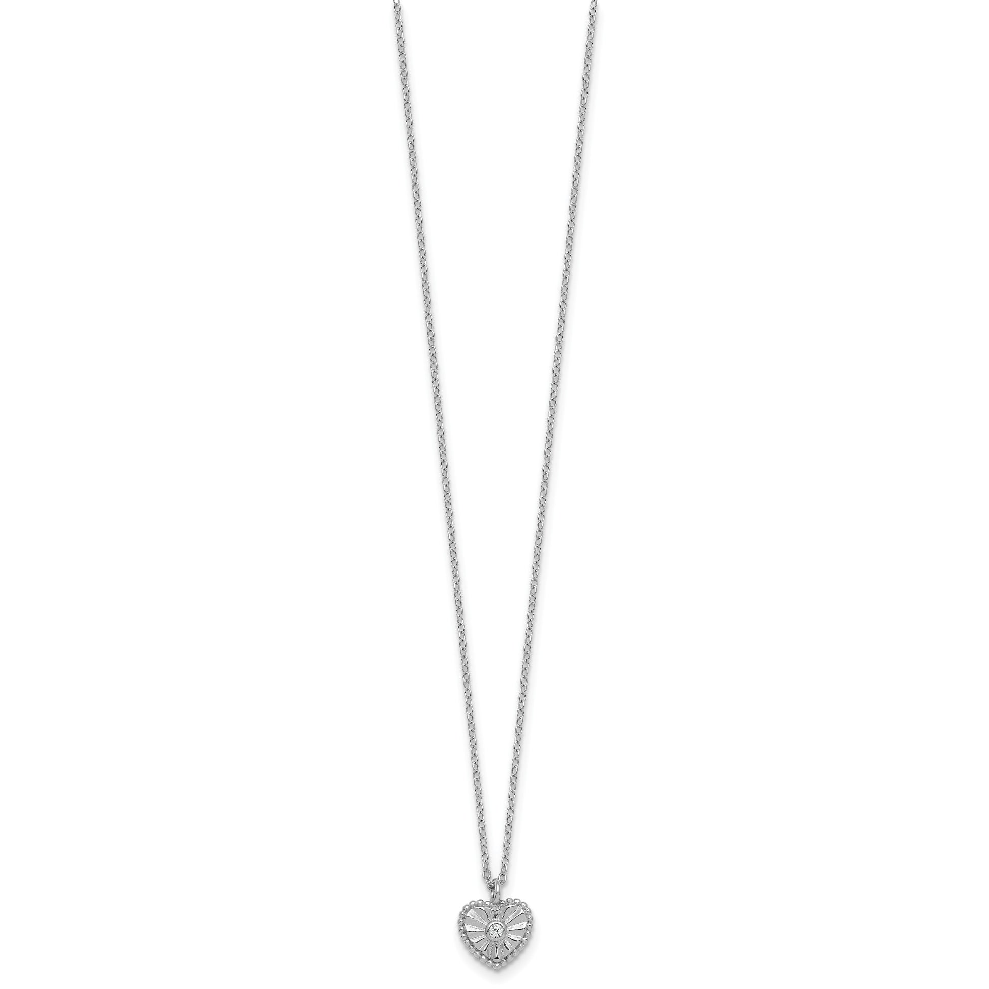 Sterling Silver Rhodium-plated Polished Beaded and Textured CZ Heart 16 Inch with 2 Inch Extension Necklace