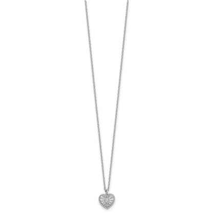 Sterling Silver Rhodium-plated Polished Beaded and Textured CZ Heart 16 Inch with 2 Inch Extension Necklace