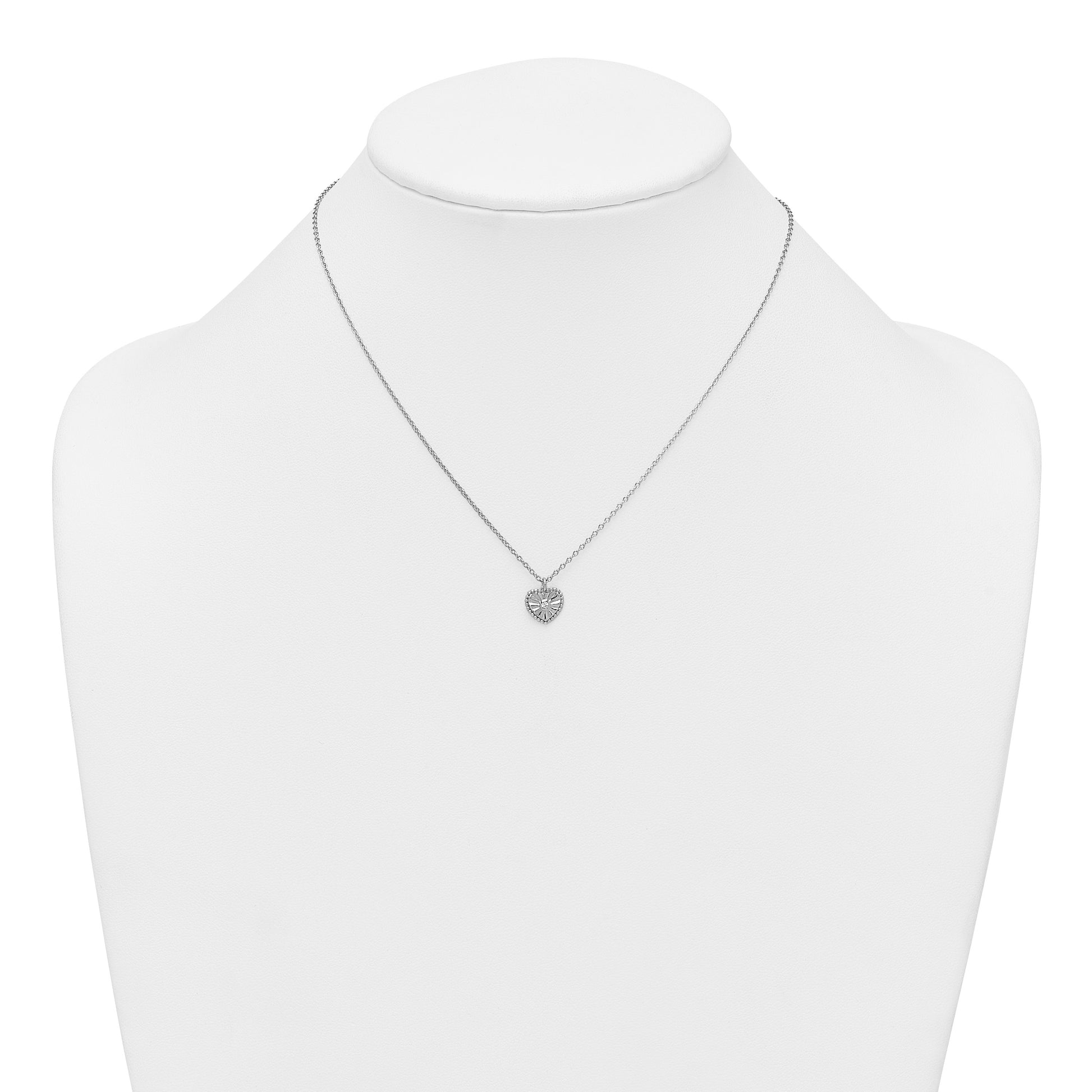 Sterling Silver Rhodium-plated Polished Beaded and Textured CZ Heart 16 Inch with 2 Inch Extension Necklace