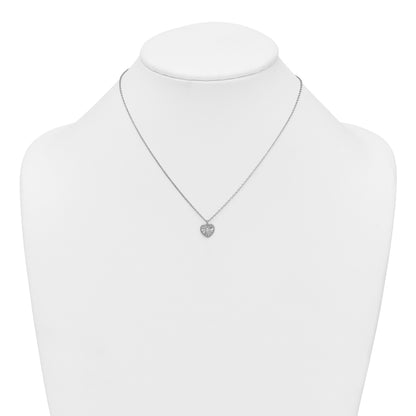 Sterling Silver Rhodium-plated Polished Beaded and Textured CZ Heart 16 Inch with 2 Inch Extension Necklace