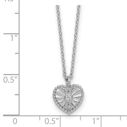 Sterling Silver Rhodium-plated Polished Beaded and Textured CZ Heart 16 Inch with 2 Inch Extension Necklace
