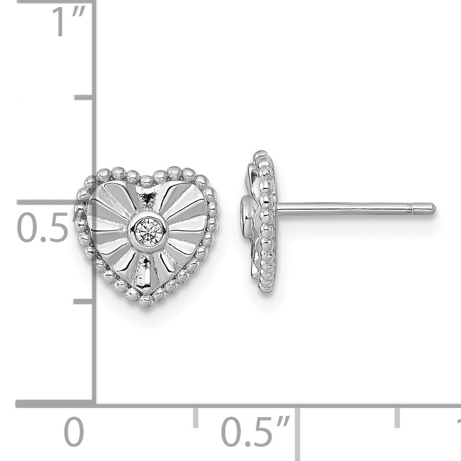 Sterling Silver Rhodium-plated Polished Beaded and Textured CZ Heart Post Earrings