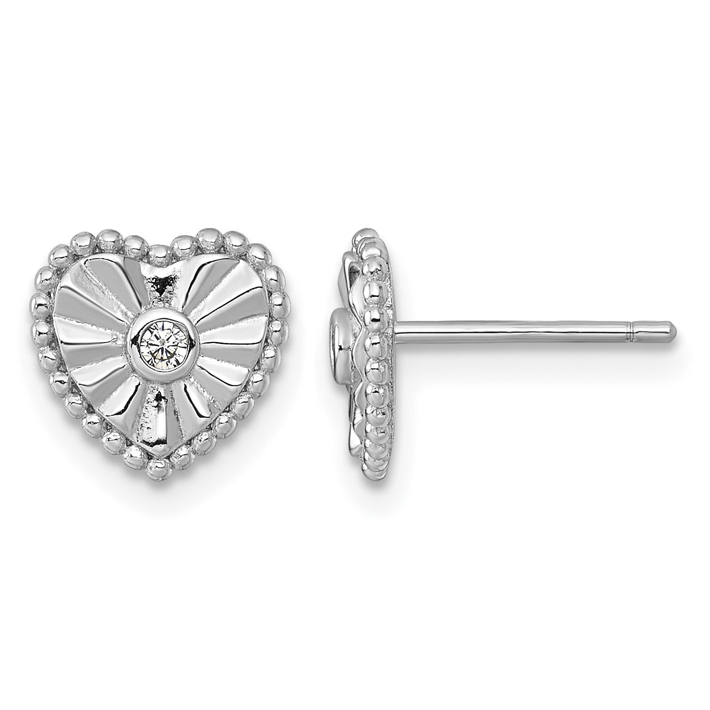 Sterling Silver Rhodium-plated Polished Beaded and Textured CZ Heart Post Earrings