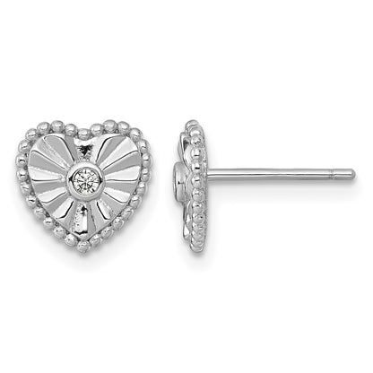 Sterling Silver Rhodium-plated Polished Beaded and Textured CZ Heart Post Earrings