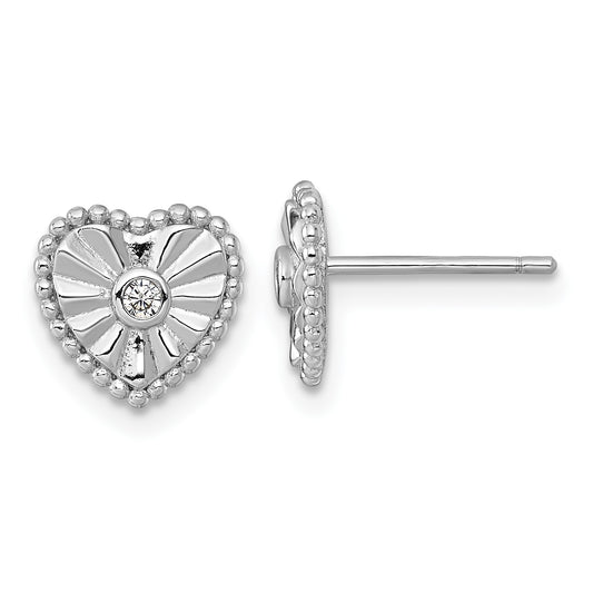 Sterling Silver Rhodium-plated Polished Beaded and Textured CZ Heart Post Earrings