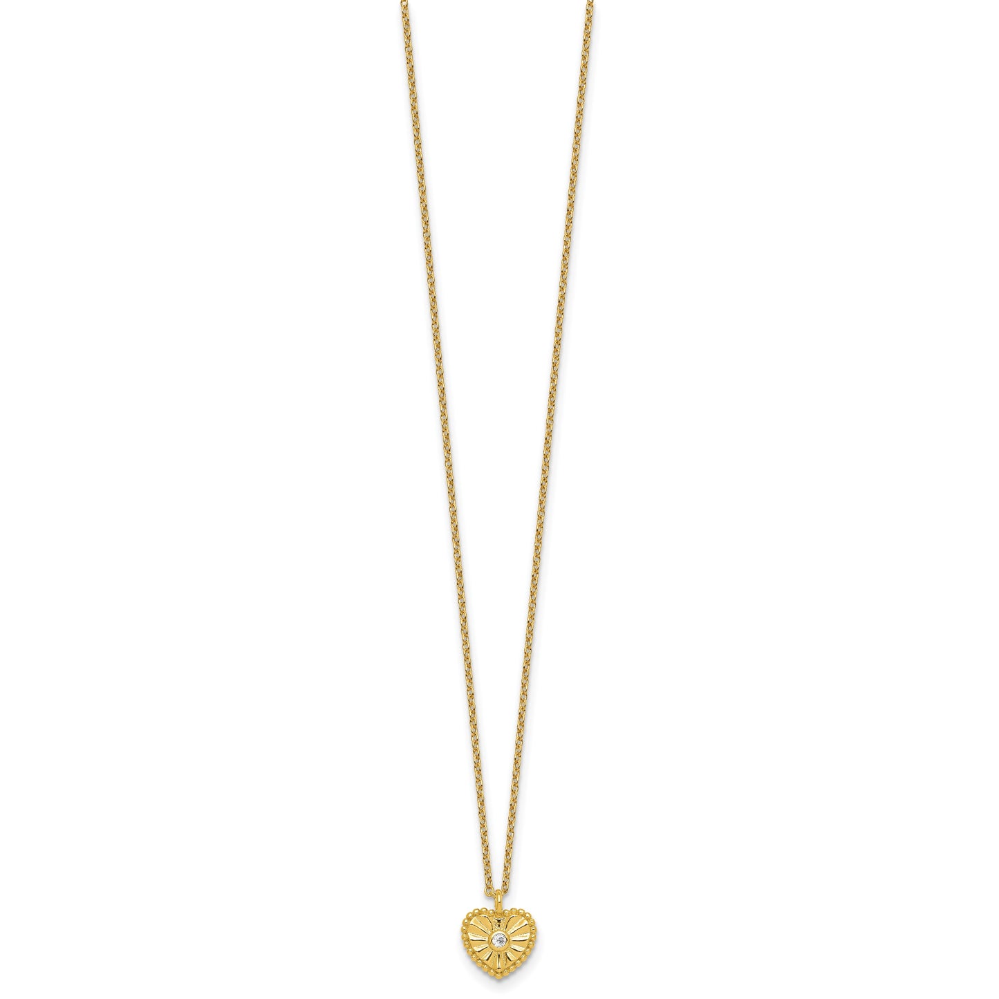 Sterling Silver Gold-tone Polished Beaded and Textured CZ Heart 16 Inch with 2 Inch Extension Necklace