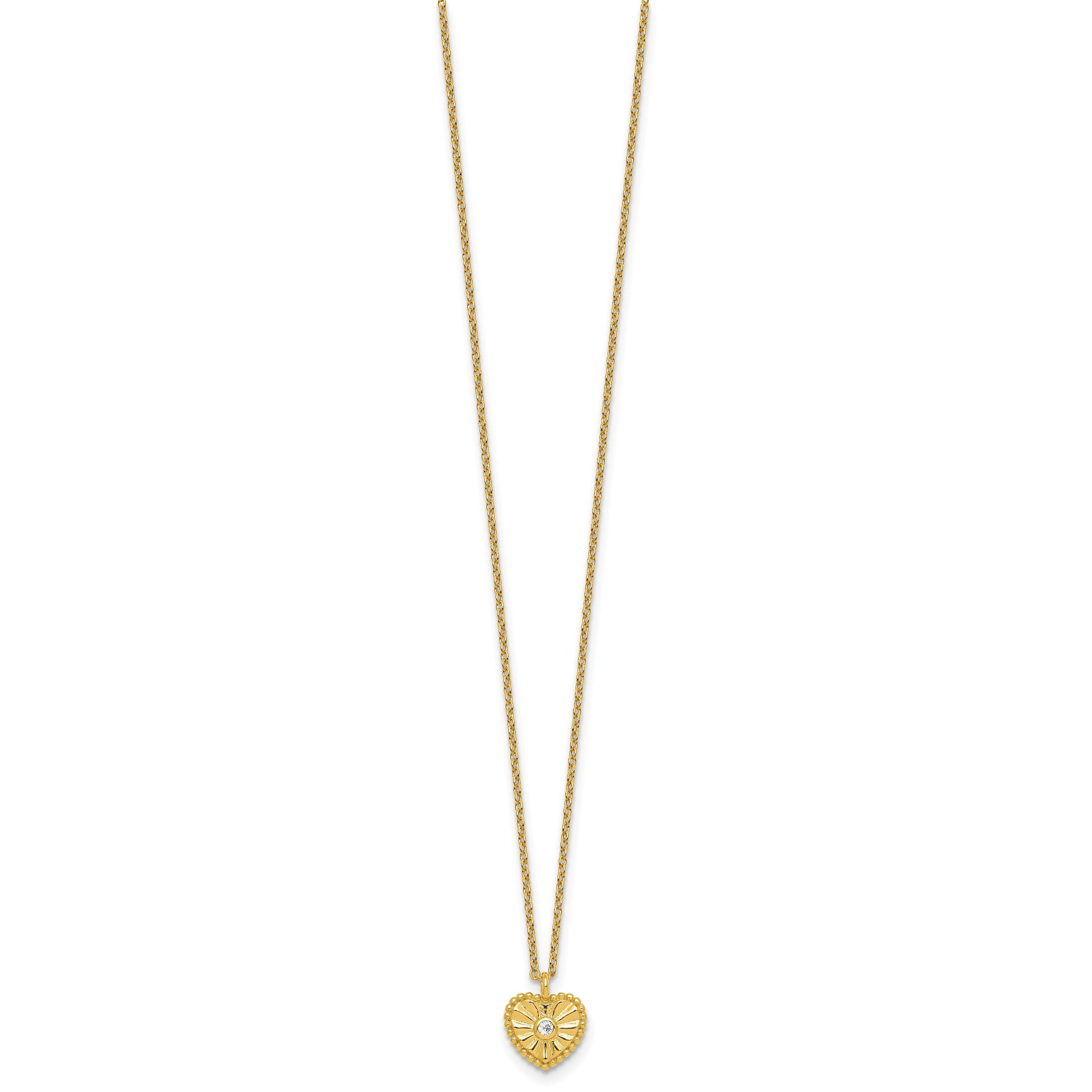 Sterling Silver Gold-tone Polished Beaded and Textured CZ Heart 16 Inch with 2 Inch Extension Necklace