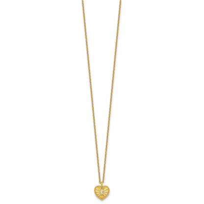 Sterling Silver Gold-tone Polished Beaded and Textured CZ Heart 16 Inch with 2 Inch Extension Necklace