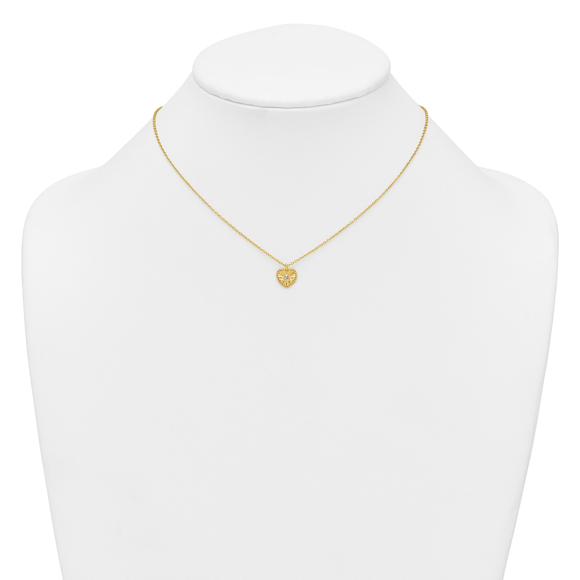 Sterling Silver Gold-tone Polished Beaded and Textured CZ Heart 16 Inch with 2 Inch Extension Necklace