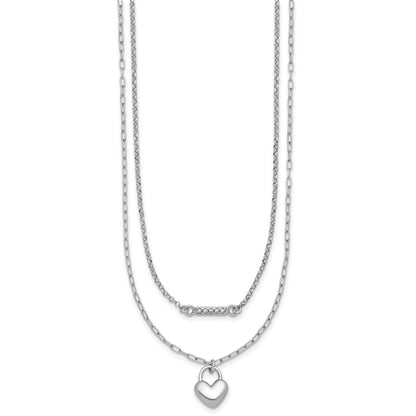 Sterling Silver Rhodium-plated CZ Puffed Heart 16 inch with 2 inch extender 2-strand Necklace