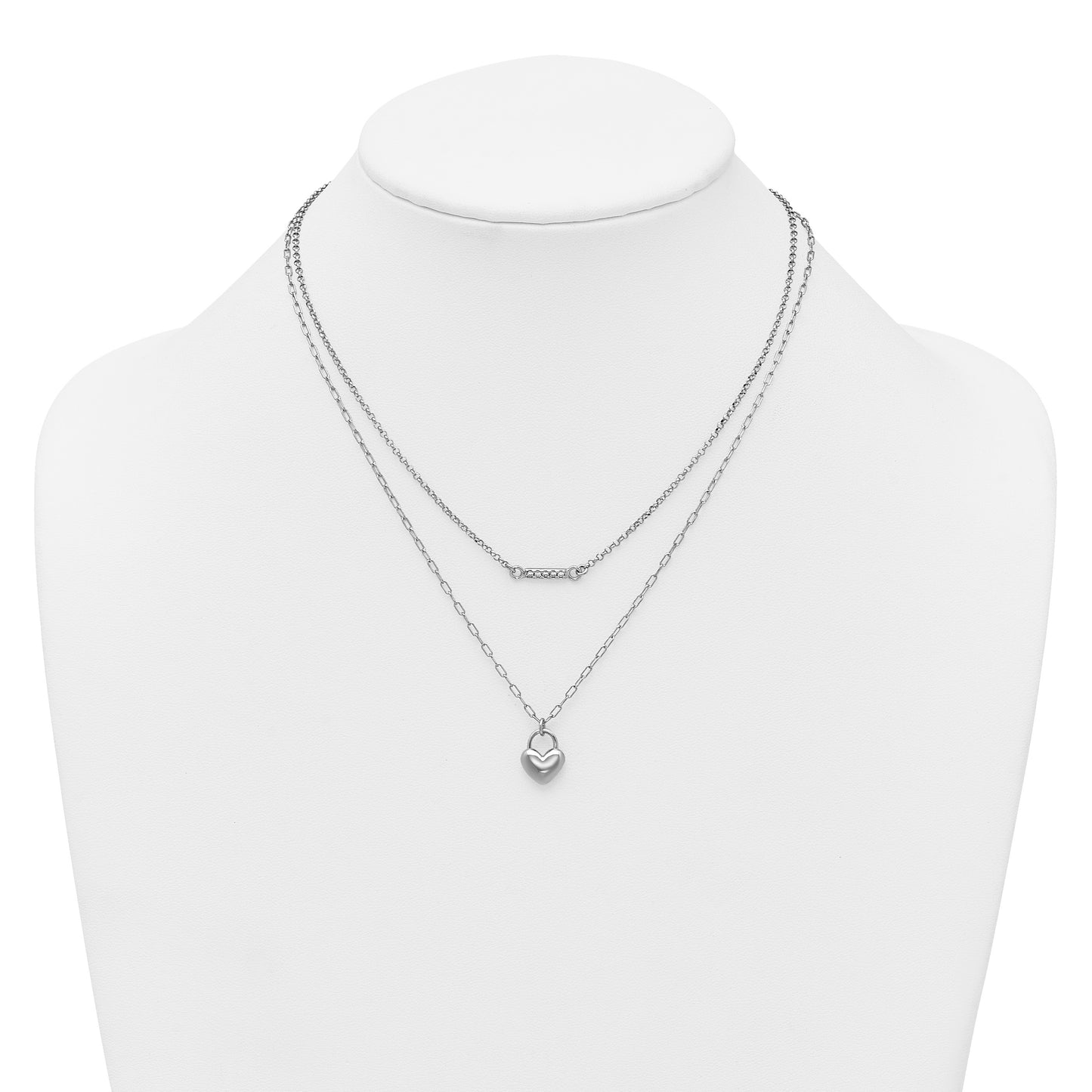 Sterling Silver Rhodium-plated CZ Puffed Heart 16 inch with 2 inch extender 2-strand Necklace