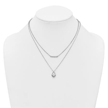 Sterling Silver Rhodium-plated CZ Puffed Heart 16 inch with 2 inch extender 2-strand Necklace
